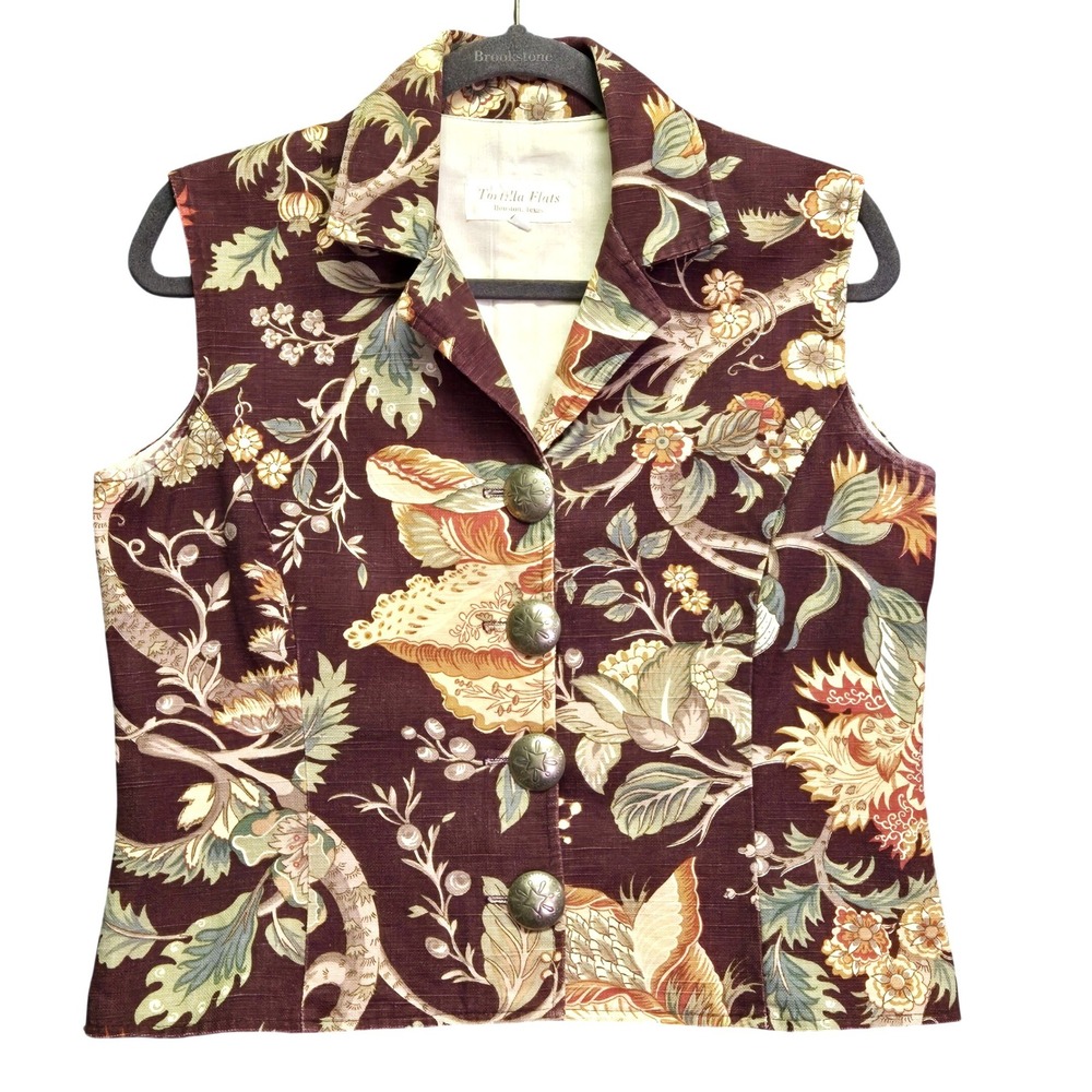Vintage Floral Canvas Vest Button Front  S Burgundy Boho Cottagecore Boho Chic